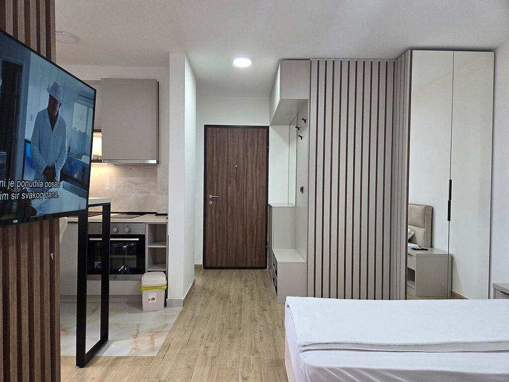 TV zona, kuhinja i ulazni deo Apartmana 38